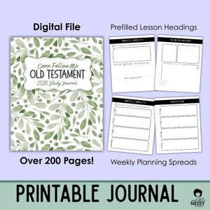 以下が含まれることがあります： 「Come Follow Me OLD TESTAMENT 2026 Study Journal」のテキストが表紙に書かれた、デジタル印刷可能なジャーナル。表紙は緑の葉の水彩デザインです。ジャーナルには200ページ以上と週ごとの計画スプレッドが含まれています。