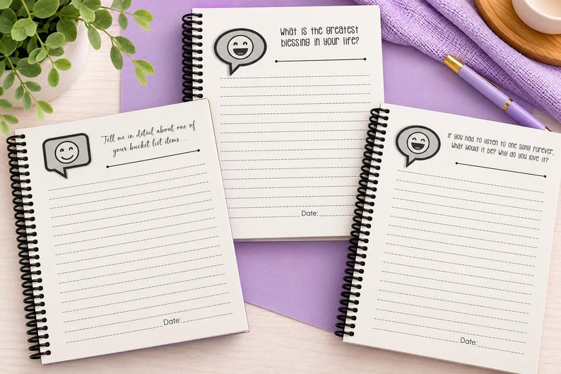 Puede incluir: Tres cuadernos de espiral con papel blanco rayado. Cada p&aacute;gina presenta un icono de burbuja de di&aacute;logo gris con una cara sonriente y una pregunta: "What is the greatest blessing in your life?", "Tell me in detail about one of your bucket list items", y "If you had to listen to one song forever, what would it be? Why do you love it?"