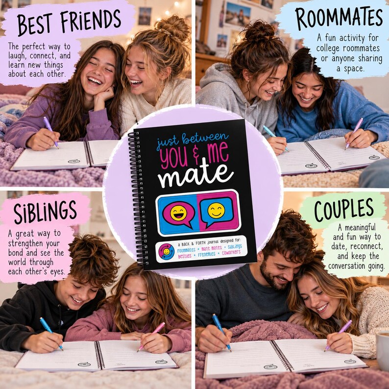 Puede incluir: Un diario de espiral negro titulado Just Between You & Me Mate, con un gr&aacute;fico de dos burbujas de di&aacute;logo con caras sonrientes. La portada incluye texto que enumera a los usuarios previstos como compa&ntilde;eros de piso y colegas.