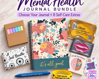 Puede incluir: Un conjunto de diario de salud mental que incluye un cuaderno de espiral con un patrón de cerebro floral, una caja marrón de resaltadores pastel, un estuche Just Breathe, un bolígrafo azul, una pulsera amarilla, parches dorados para ojos, mascarillas labiales y pegatinas.