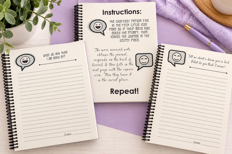 Puede incluir: Tres cuadernos de espiral con p&aacute;ginas blancas y encuadernaci&oacute;n de alambre negro. El cuaderno central muestra instrucciones para un juego de comunicaci&oacute;n. El cuaderno izquierdo pregunta, What do you think I am good at? El derecho pregunta, Tell me about a dream you have had.