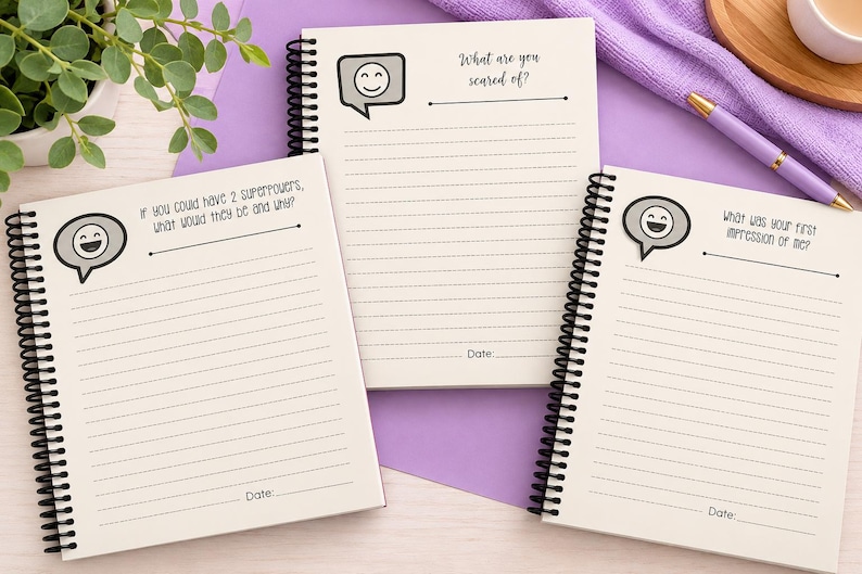 Puede incluir: Tres cuadernos de espiral con p&aacute;ginas de color crema que incluyen l&iacute;neas para escribir. Cada p&aacute;gina presenta un icono de burbuja de di&aacute;logo gris con una cara sonriente y el texto: What are you scared of?, If you could have 2 superpowers, what would they be and why?, y What was your first impression of me?