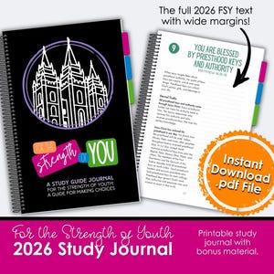 Peut inclure: Un journal de guide d'étude à spirales avec une couverture noire présentant une illustration blanche d'un bâtiment dans un cercle violet. Le texte "For the Strength of You" est affiché en rose et vert. Le journal comprend le texte "2026 Study Journal".