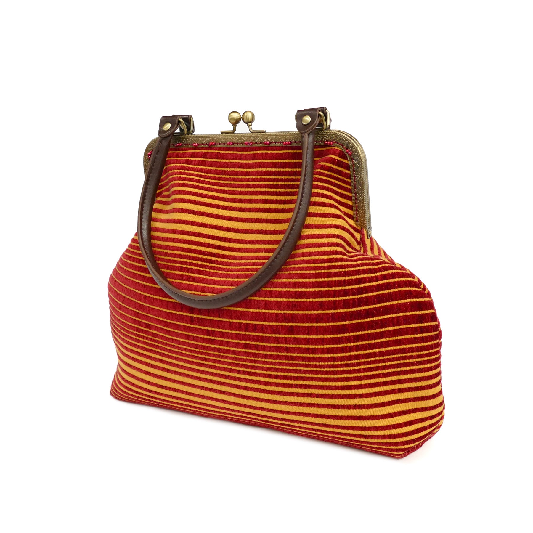 red and yellow bag, Metal frame velvet clutch handbag, unique piece, red and yellow, unique piece, fine red and yellow velvet,