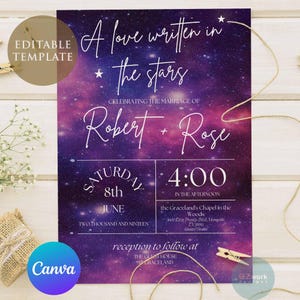 Modèle modifiable de faire-part de mariage cosmique galaxie nuit étoilée Coquette Garden Party, détails du modèle Canva carte RSVP numérique
