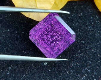 Dark Purple Amethyst Fantasy Cut Gemstone: Floral Carving, 8.35 Carats