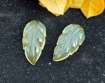Puede incluir: Dos gemas translúcidas en forma de hoja con intrincados detalles de veteado. Las gemas son de color amarillo pálido y están sobre un fondo oscuro. Pétalos de flores amarillas en el fondo.
