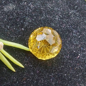 May include: A faceted, round, yellow gemstone with a geometric pattern. The gemstone is set against a dark, textured background, with a few green leaves and a small white flower in the corner.