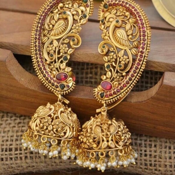 Bollywood style gold plated matt finished temple jewellery earring set jhumka indian bridal jewellery