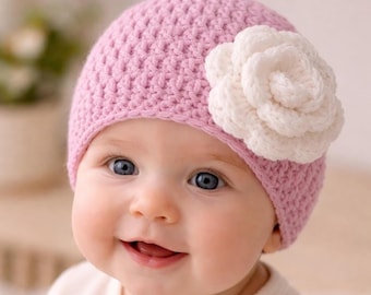 Crochet Baby Hat Pattern Rose Flower Beanie PDF Pattern Beginner friendly Newborn to Adults Sizes