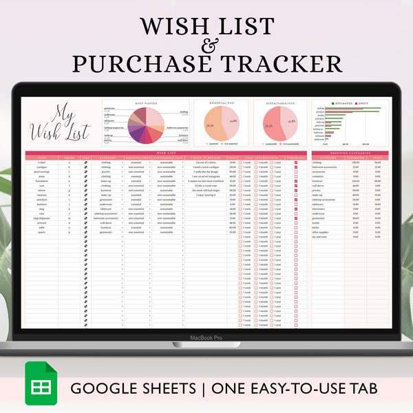 Wunschliste und bewusstes Kauf-Tracker-Spreadsheet, Google Sheets-Vorlage, ästhetische Online-Favoriten, Einkaufslisten-Spesen-Dashboard