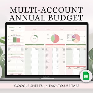 Plantilla de hoja de cálculo de presupuesto anual y mensual de múltiples cuentas Hoja de cálculo de Google Seguimiento de cuentas Panel de control anual Planificador financiero Seguimiento de gastos