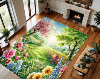 Lentebloem designtapijt, lente drie-tapijt, populair tapijt, karpet, salontapijt, eetkamer, entreetapijt, antisliptapijt