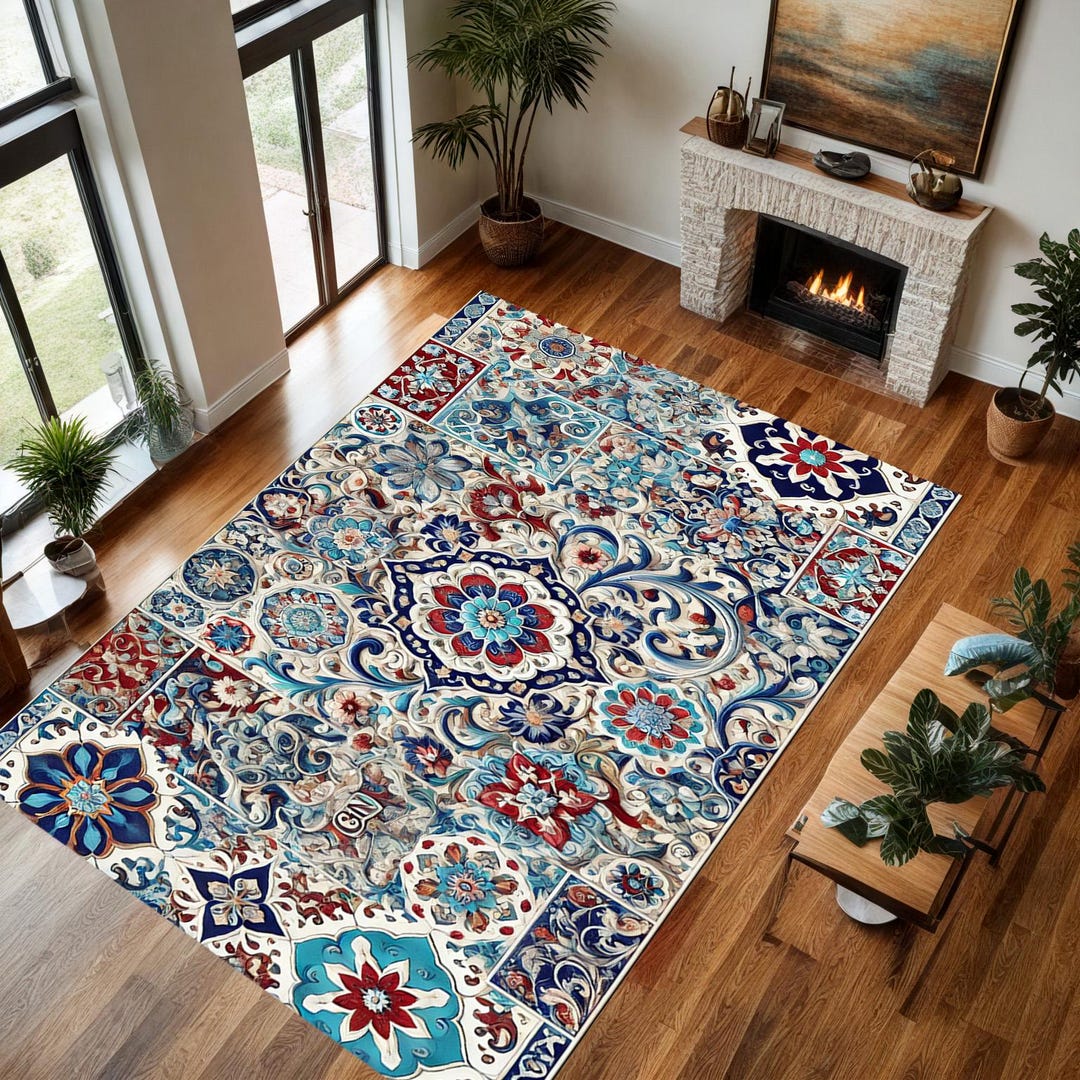 Turkish Cini Surrealist Rug, Ceramic Rug, Custom Rug, Popular Rug, Area ...