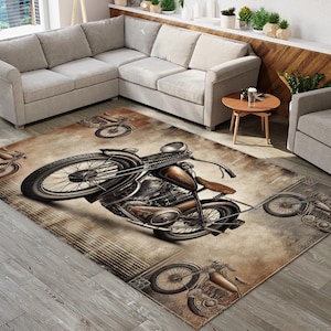 Op de afbeelding: Een vintage motorfietskleed met een bruine en beige achtergrond. Het kleed heeft een zwarte motorfiets met chroomaccenten en een gedetailleerd ontwerp. Het kleed is perfect om elke kamer een vleugje vintage stijl te geven.