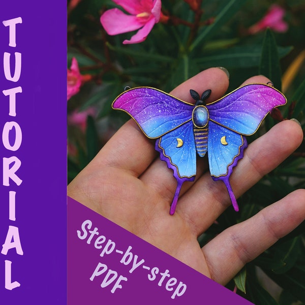 PDF Tutorial: Polymer clay galaxy moth necklace | Step-by-step instructions | Reversible pendant