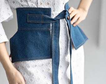 Denim Corset Belt for Every Day Outfit: Basque Waist, Wrap Skirt with Belt, Peplum Belt over Dress