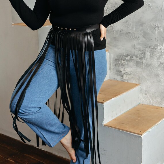 Cowgirl Fringe Belt PU Leather Tassel Waist Harness Belt Women Costume Accessory Amazon.com: haozaikeji Women Leather Tassel Waist Belt  main image 3