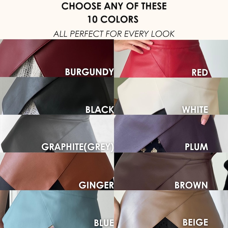 May include: A collage showcasing ten different skirt colors: burgundy, red, black, white, graphite grey, plum, ginger, brown, blue, and beige. The text at the top reads "CHOOSE ANY OF THESE 10 COLORS".