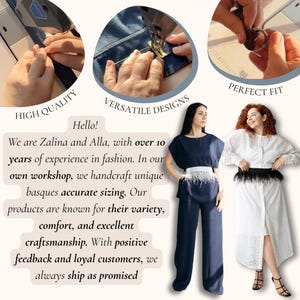May include: Image features two women modeling fashion items. One wears a navy blue outfit with a white feathered belt, the other a white dress with a black feathered belt. Text highlights high quality, versatile designs, and perfect fit.