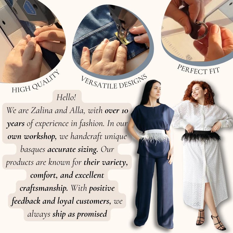 May include: Image features two women modeling fashion items. One wears a navy blue outfit with a white feathered belt, the other a white dress with a black feathered belt. Text highlights high quality, versatile designs, and perfect fit.