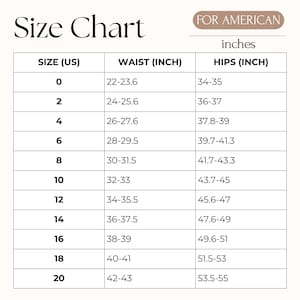 Puede incluir: Una tabla de tallas para tallas americanas, que muestra las medidas de cintura y cadera en pulgadas. La tabla incluye tallas de la 0 a la 20, con las medidas correspondientes de cintura y cadera. El texto "Size Chart" est&aacute; en la parte superior.
