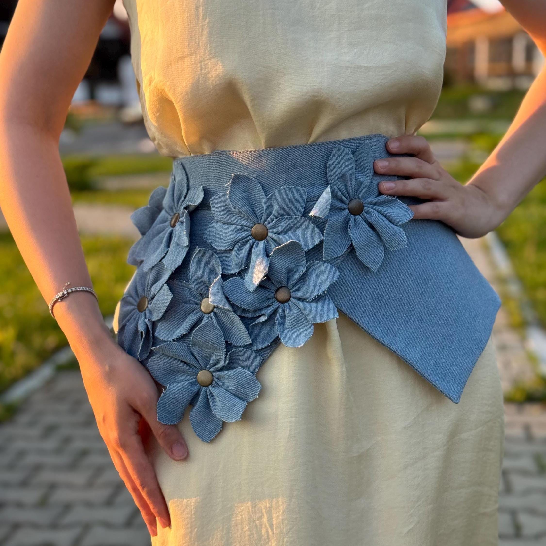 【I AM MARI】Jeans Peplum H-Line One Piece (Belt set) shengweiao Women's Denim Peplum Waist Cinch Belt Wide Corset