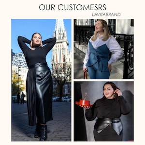 May include: Image featuring three women showcasing various outfits. The top left shows a woman in a black top and pleated leather skirt. The top right features a woman in a denim vest and jeans. The bottom right shows a woman in a black dress with a leather belt.
