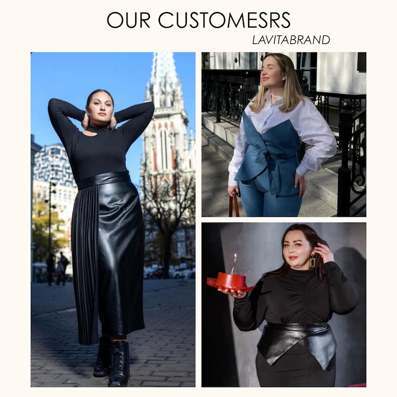May include: Image featuring three women showcasing various outfits. The top left shows a woman in a black top and pleated leather skirt. The top right features a woman in a denim vest and jeans. The bottom right shows a woman in a black dress with a leather belt.