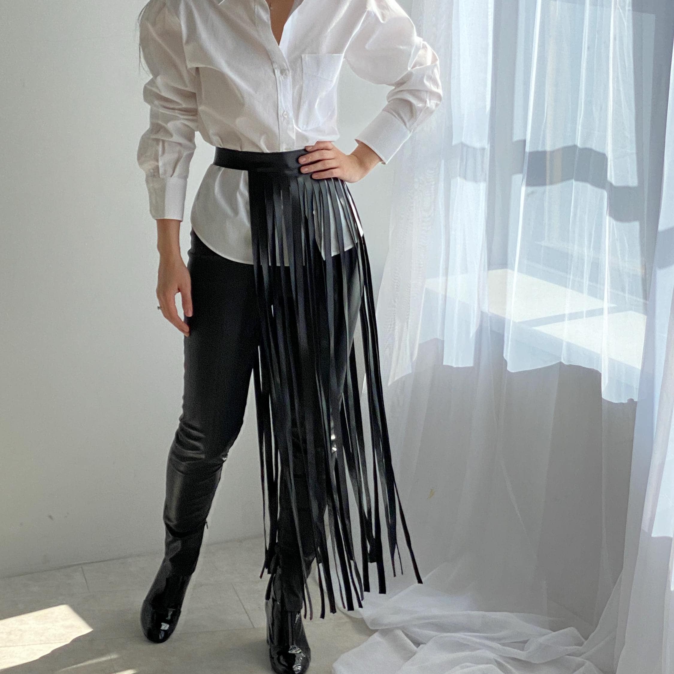 Leather Fringe Belt Long, Wrap Party Skirt, Peplum Waist  display picture 3