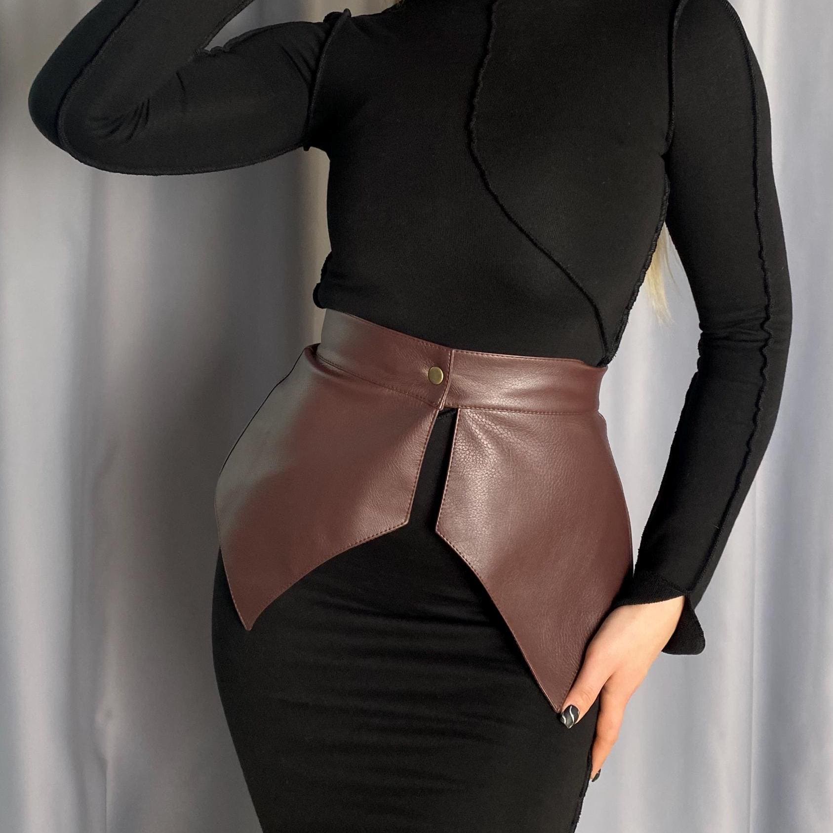 Brown Corset Belt for Dress: Faux Leather, Wrap Belt, Button Closed