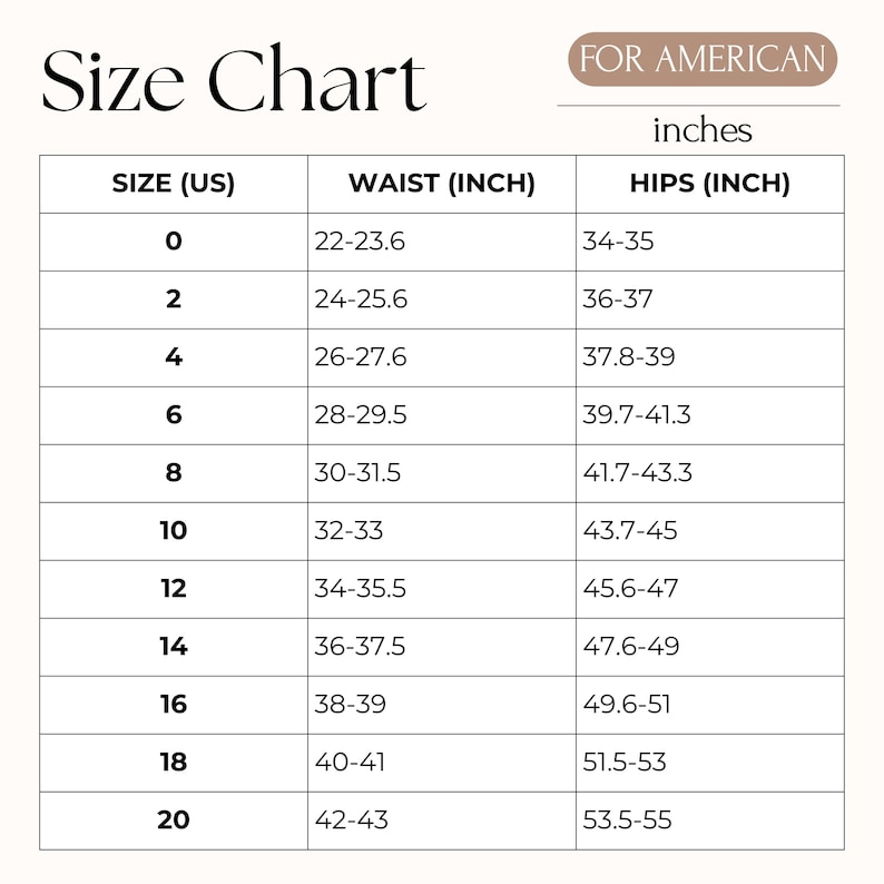 May include: A size chart with the text "Size Chart" at the top. The chart lists US sizes from 0 to 20, with corresponding waist and hip measurements in inches. The text "For American" and "inches" are also present.
