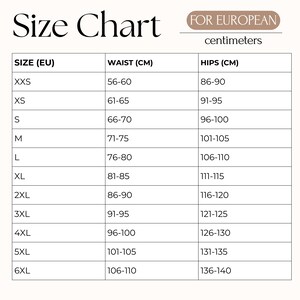 Puede incluir: Una tabla de tallas para tallas europeas, con medidas en cent&iacute;metros. La tabla incluye tallas de XXS a 6XL, que enumeran las medidas de cintura y cadera para cada talla. El texto "Size Chart" est&aacute; en la parte superior.