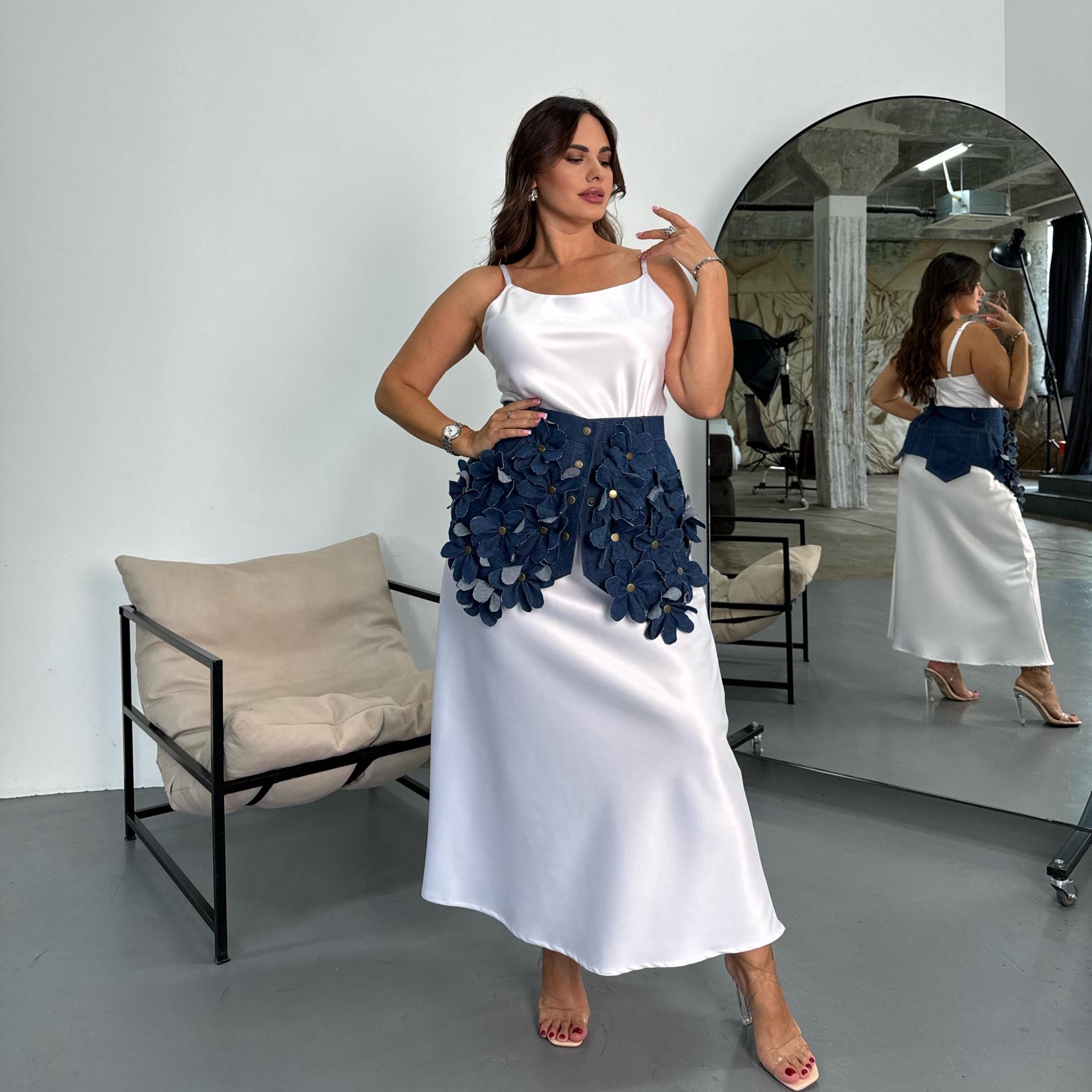 white christmas dresses Peplum Denim Mini Dress with 3D Floral Accents