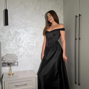 Black Corset Top, Romantic Night Out Outfit: Overbust Cottage Core Corset Bustier, Maxi Satin Skirt image 6