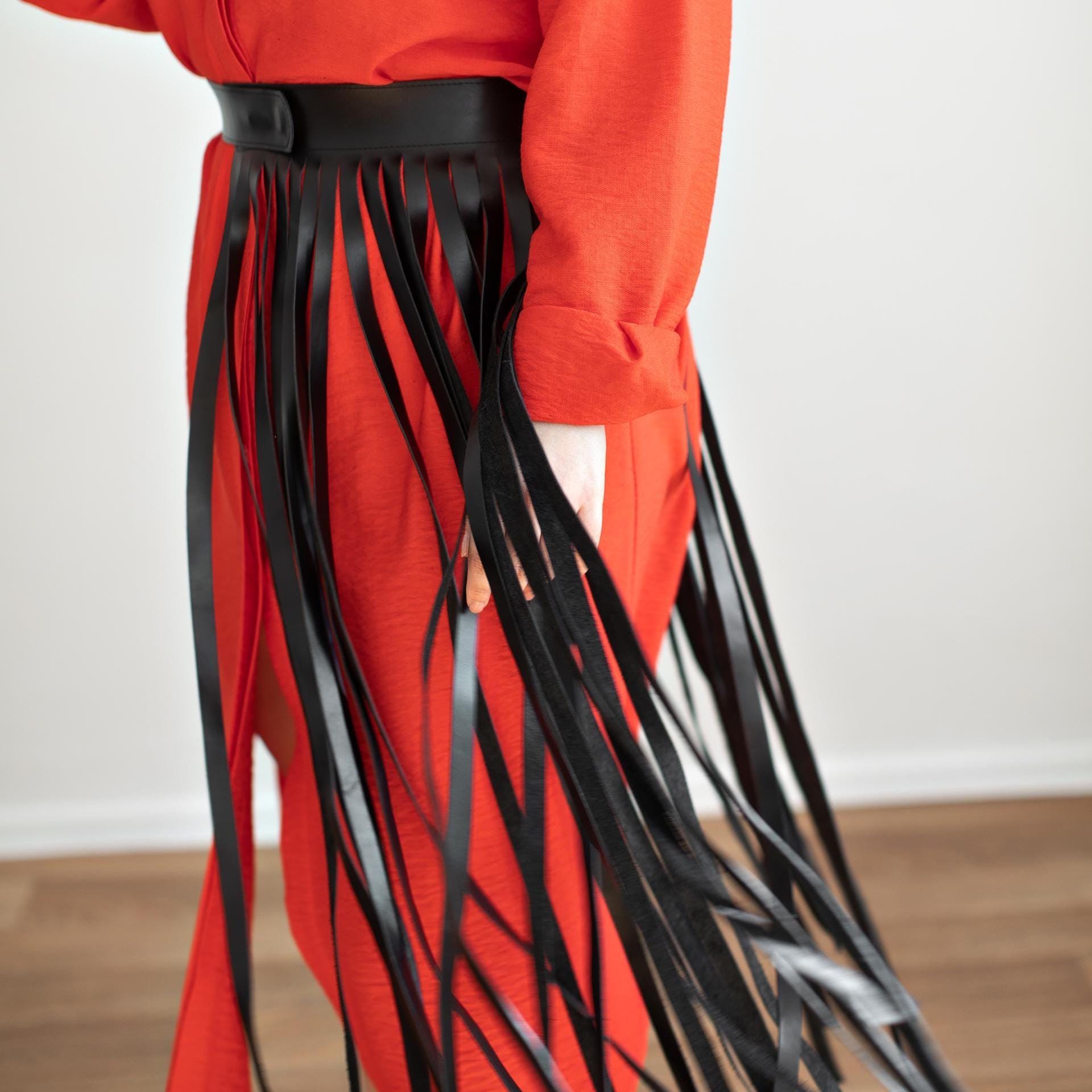 Leather Fringe Belt Long, Wrap Party Skirt, Peplum Waist 