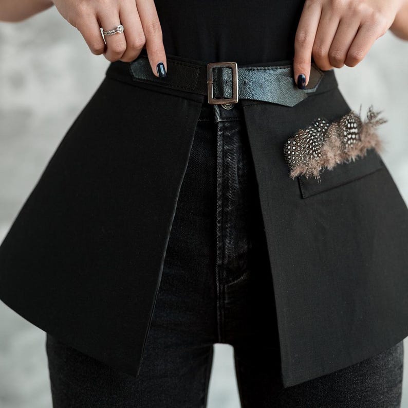 Suit Corset Belt with Black Natural Feathers: Wide Cotton Skirt, Dress Belt Under bust Corset, Peplum Skirt image 3