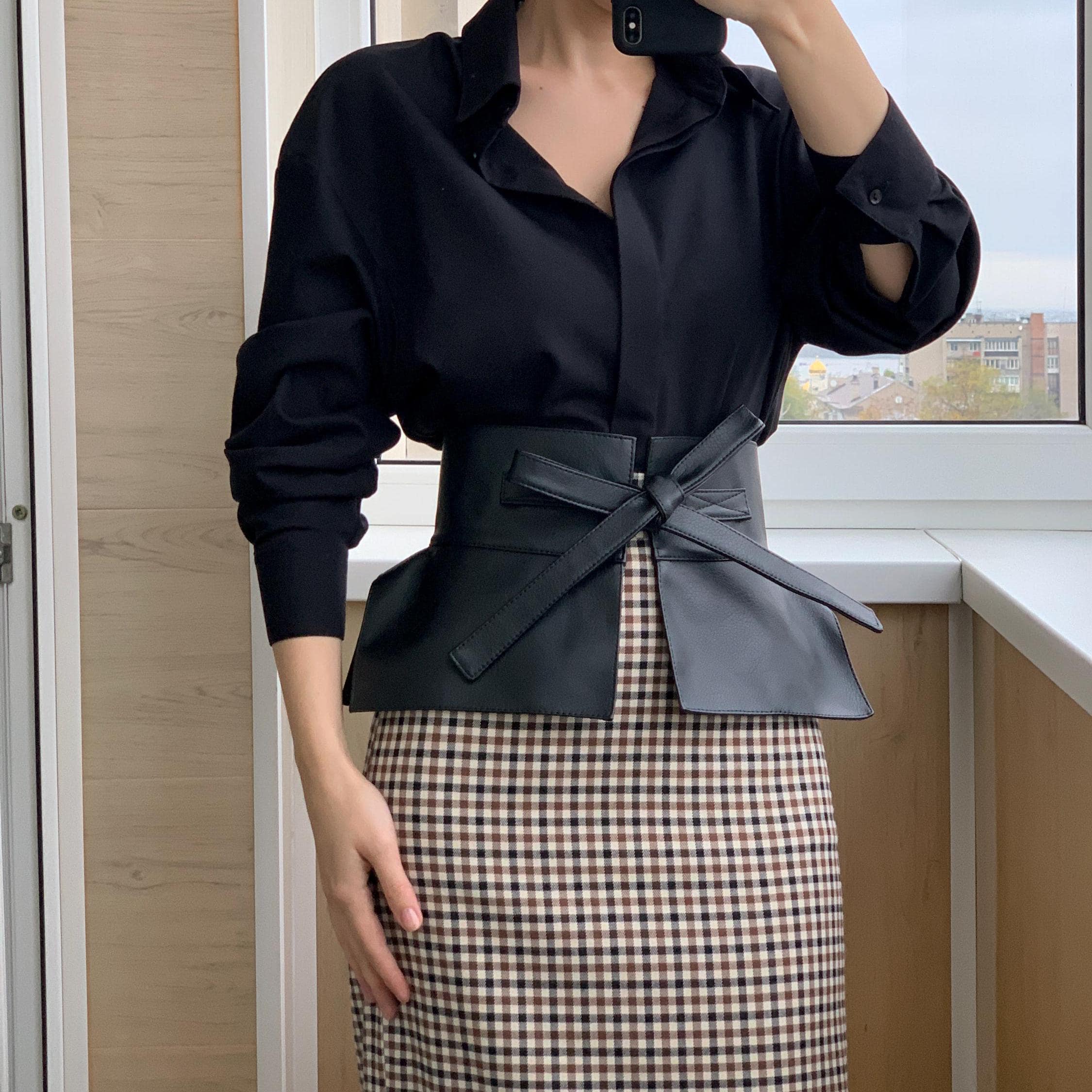 Black Faux Leather Peplum Corset Belt, Wide Basque Dress Belt