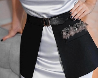 Suit Corset Belt with Black Natural Feathers: Wide Cotton Skirt, Dress Belt Under bust Corset, Peplum Skirt