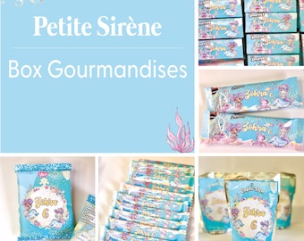 Box Kit spécial gourmandises anniversaire sirène, sweet table, kinder, chips