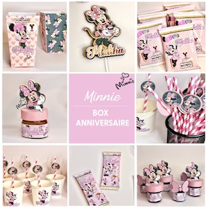 Kit box compleanno MINNIE ROSE sweet table patatine personalizzate, kinder country personalizzato