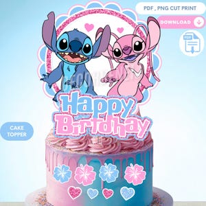 Cake Topper Stitch Angel Happy Birthday digitale Datei PNG PDF zum Ausdrucken, Geburtstagsdekoration