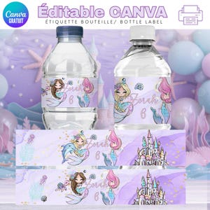 Étiquette bouteille évitable edit Canva anniversaire sirène, petite bouteille eau template étiquette