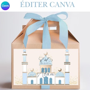 Mall för Eid Mubarak-låda för en pojkes moské (masjid), mall för Eid-gavellåda, Eid Mubarak-matlåda, personlig Eid-låda för en pojke (utskrivbart Canva-kit)