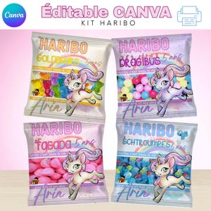 May include: Four colourful bags of Haribo sweets with unicorn illustrations. Each bag has a different flavour: Goldbears, Dragibus, Tagada, and Schtroumpfs. The bags are decorated with a rainbow, glitter, and the text "Haribo c'est beau la vie" and "pour Aria et ses amis".