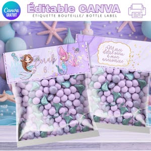 Editable mermaid candy bag canva, mermaid topper bag template, edit canva corjl, mermaid birthday candy bag