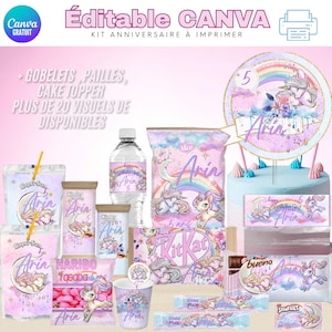 May include: A unicorn-themed birthday party kit in pink, purple and blue colours. The kit includes labels for Capri-Sun juice boxes, Kinder chocolate bars, water bottles and other snacks. The kit also includes a cake topper featuring a unicorn and rainbow.