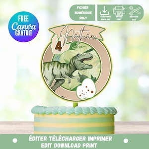Peut inclure: Un cake topper sur le thème des dinosaures avec le nom "Nathan" et le chiffre "4". Le design présente une illustration de dinosaure vert dans un cadre circulaire. Le gâteau est décoré d'un glaçage jaune et vert. Le texte comprend "Éditer Télécharger Imprimer".