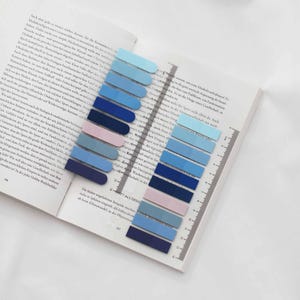 Puede incluir: Un conjunto de marcadores de página adhesivos azules y rosas dispuestos sobre un libro abierto. Los marcadores, en varias tonalidades de azul y rosa, están colocados junto a una guía en forma de regla. Las páginas del libro están llenas de texto.