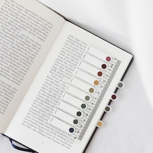 May include: An open book with several rectangular page markers. Each marker has a colored dot at the end. The dots are in shades of red, brown, green, and yellow. The book's pages are filled with printed text.